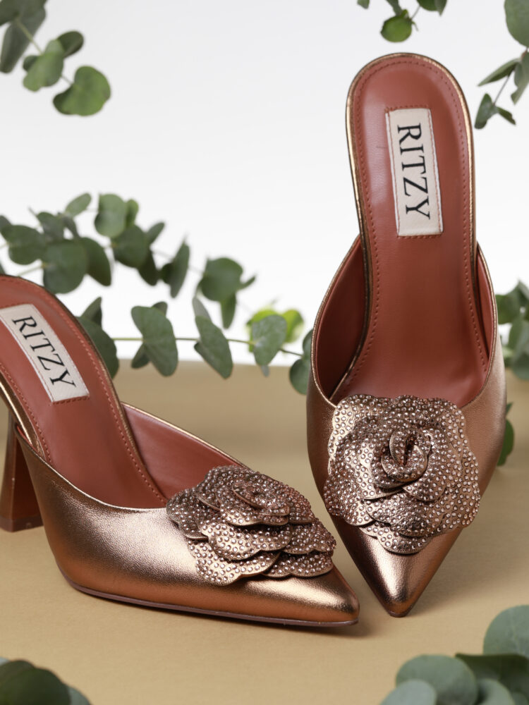 Flower Heels - gold leather